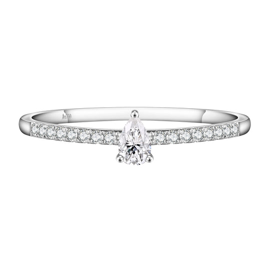 Anillo de oro blanco de 18 quilates con halo de diamantes en forma de pera